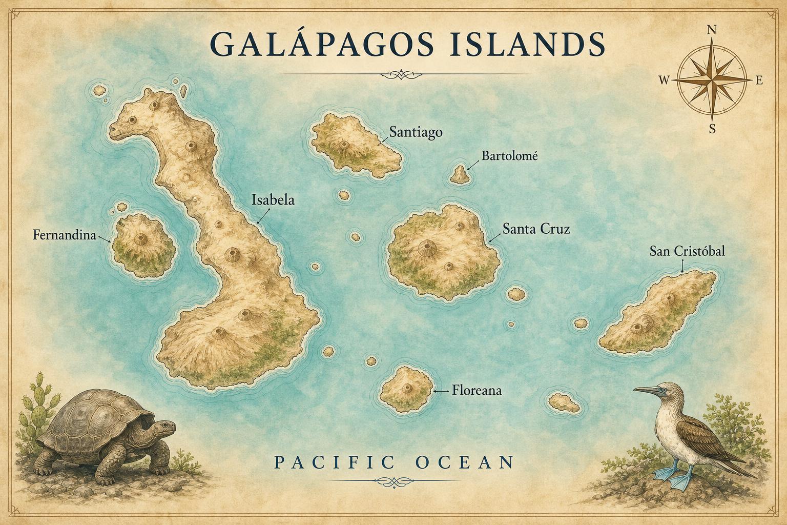 Illustrated map of the Galápagos Islands archipelago