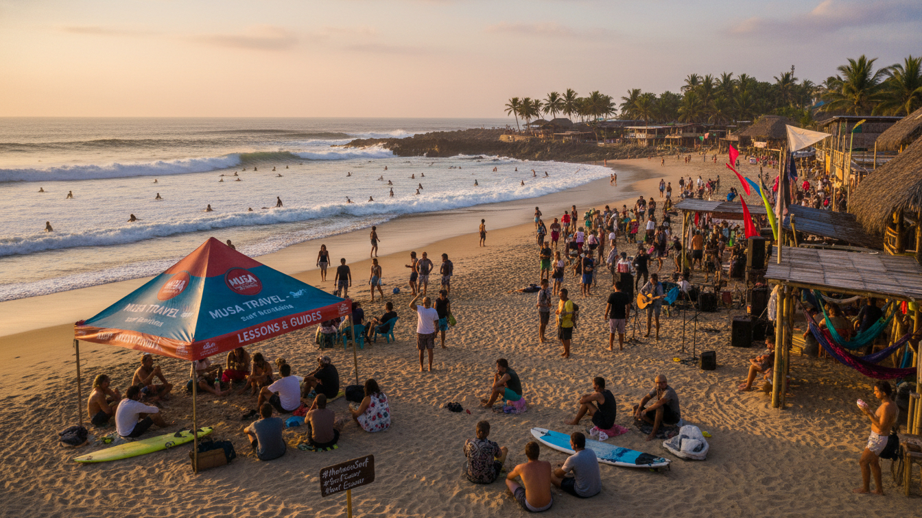 Surfers and travelers gathered on Montañita beach at sunset