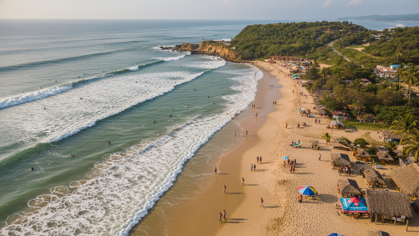 Aerial view of Pacific coast beach with waves and surfers