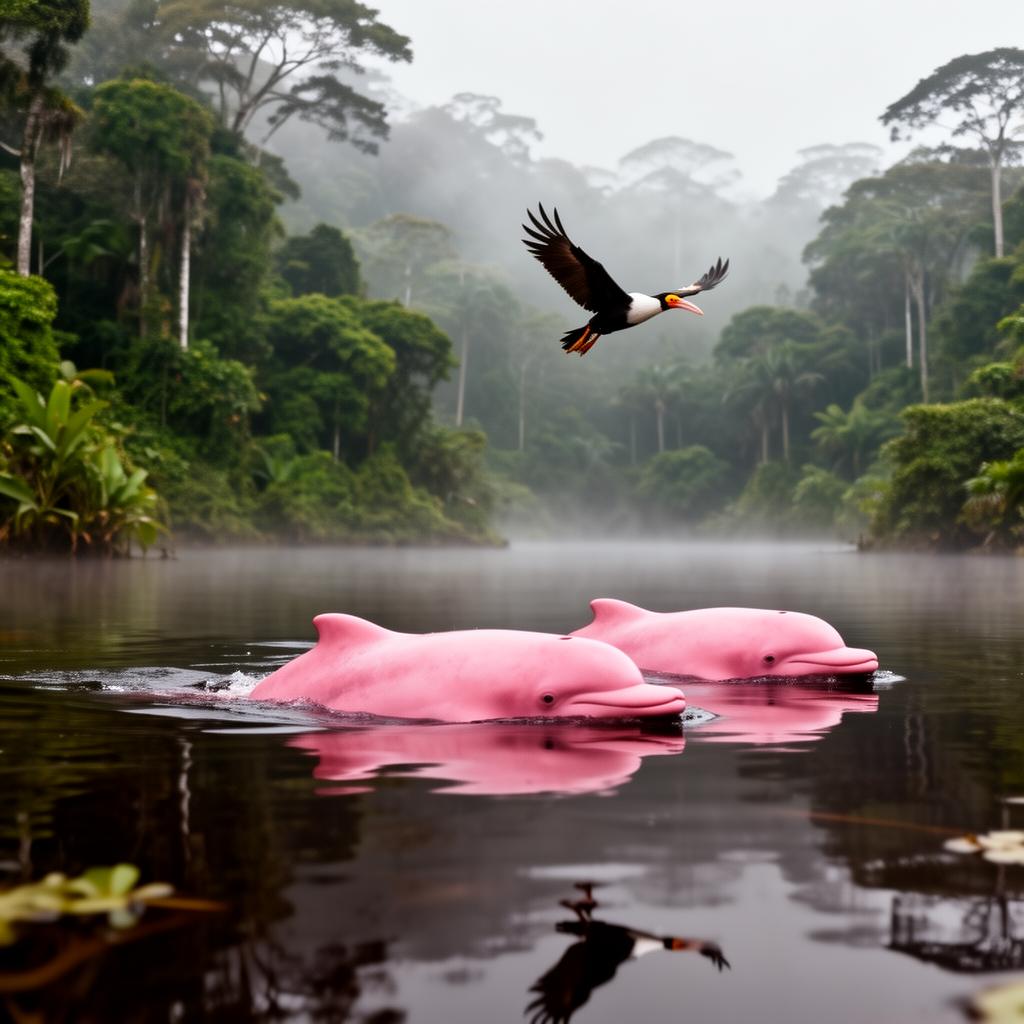 Pink river dolphins in the blackwater lagoons of Cuyabeno, Ecuador